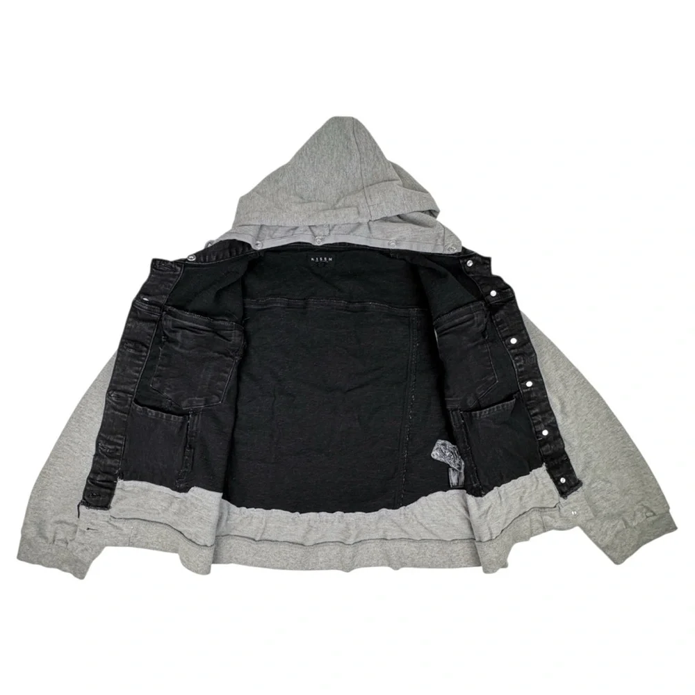Risen Layered Denim Jacket Removable Hood Womens 2XL Black Distressed Gray Terry